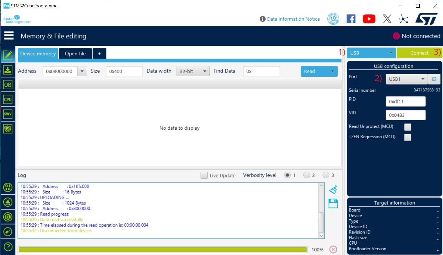 Connection to the flight controller from STM32CubeProgrammer