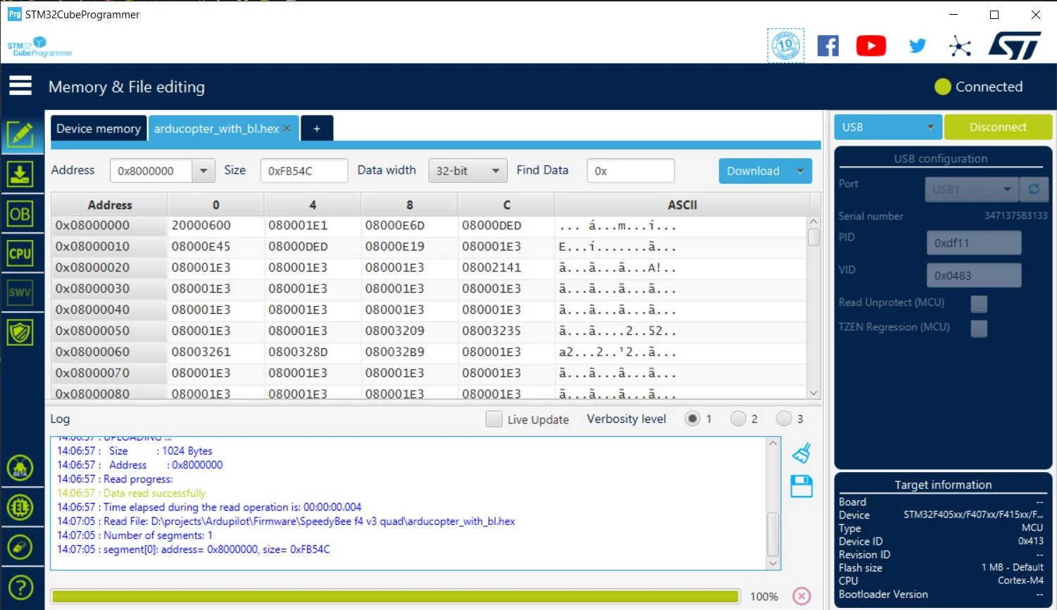 Загрузка файла прошивки в STM32CubeProgrammer