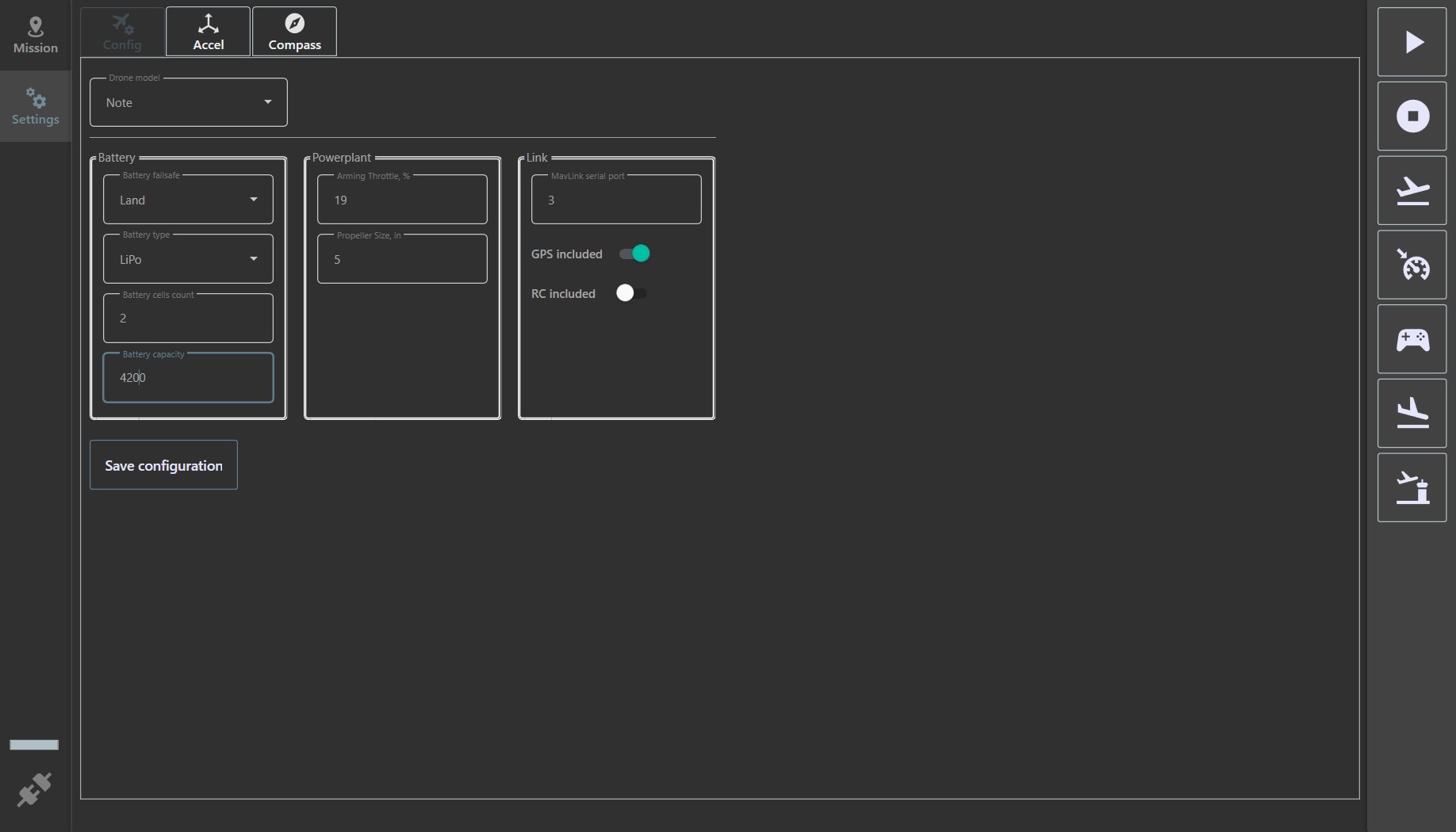 The UAV settings window in LOGOS GCS
